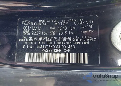 2013 Hyundai Genesis 2.0T из США, поврежденный, VIN KMHHT6KD0DU091469